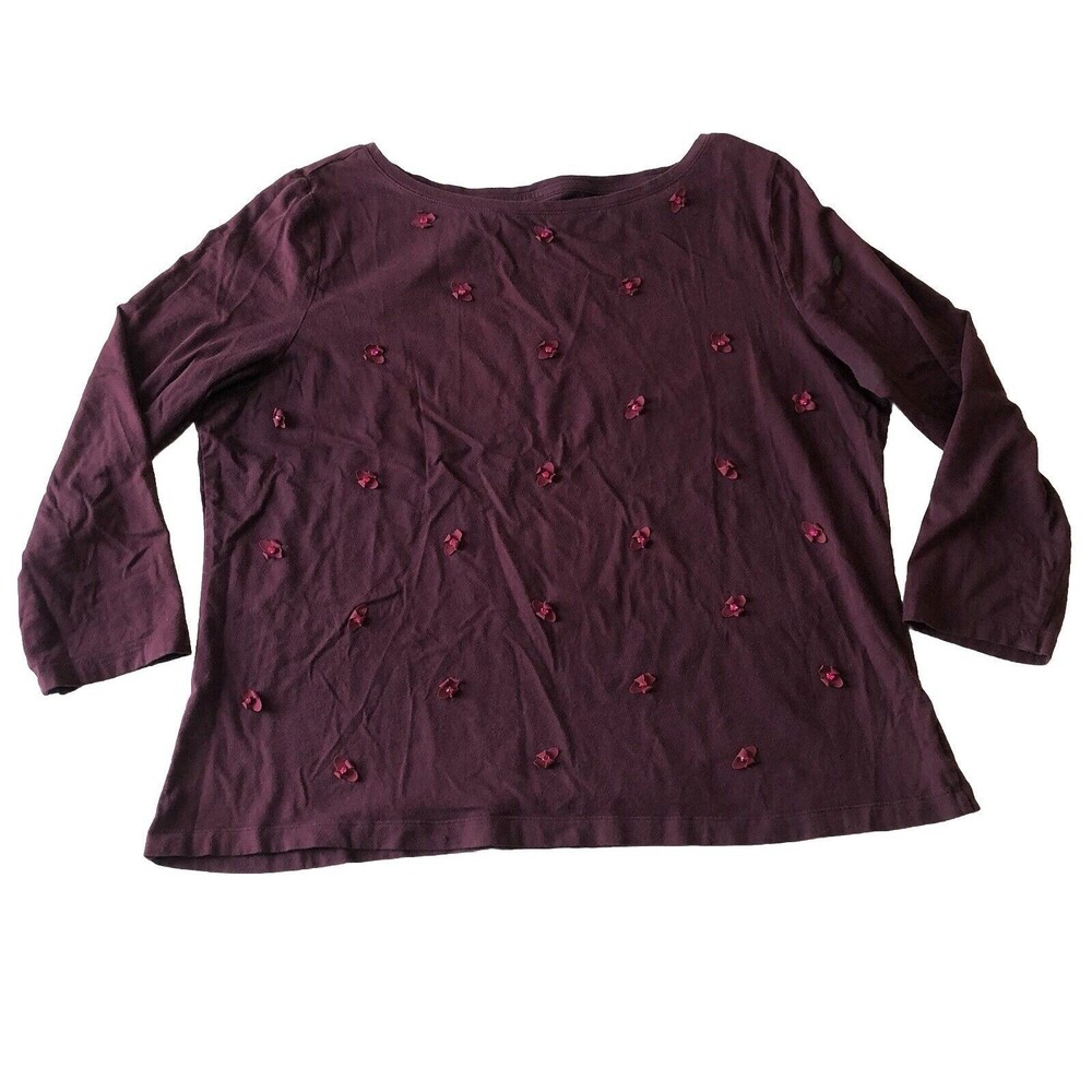Lands End Women’s Aged Wine Laser Cut Flowers Embellished 3/4 Sleeve Size XL 18